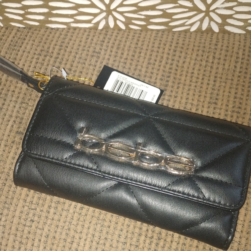 bebe Quilted Black Wristlet Wallet with Gold Accent